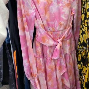 Japna Pink Watercolor Print Dress with Peach Accents